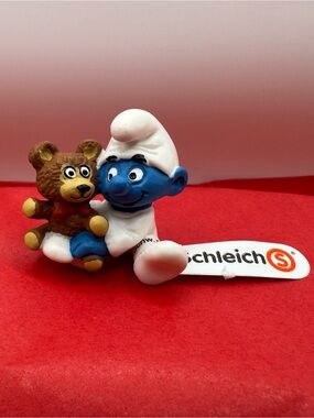 Vintage Schleich Baby Smurf with Teddy Bear PVC Figurine 20205 NWT